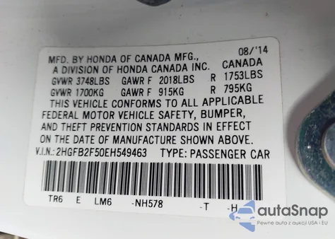 2014 Honda Civic Lx из США, поврежденный, VIN 2HGFB2F50EH549463